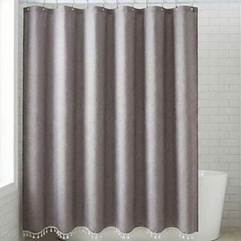Solid Color Trimmed Shower Curtain with Tassel, Shower Curtain Sets with 12 Hooks Water-Repellent