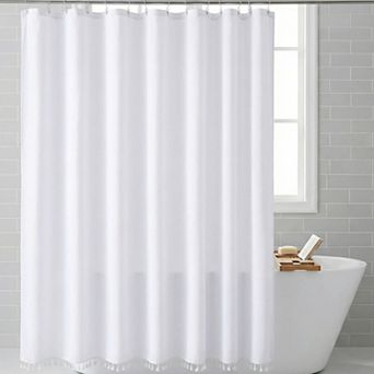 Solid Color Trimmed Shower Curtain with Tassel, Shower Curtain Sets with 12 Hooks Water-Repellent