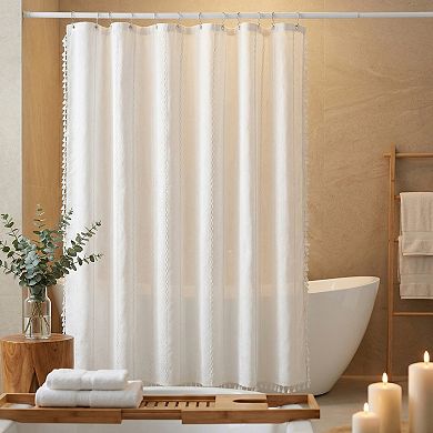 Farmhouse Shower Curtain, Textured Striped Design Shower Curtain Sets with Tassels, 12 Plastic Hooks