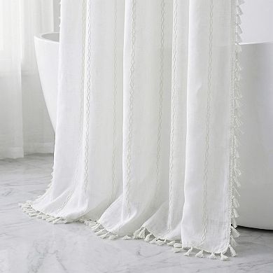 Farmhouse Shower Curtain, Textured Striped Design Shower Curtain Sets with Tassels, 12 Plastic Hooks