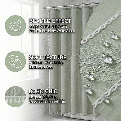 Farmhouse Shower Curtain, Textured Striped Design Shower Curtain Sets with Tassels, 12 Plastic Hooks