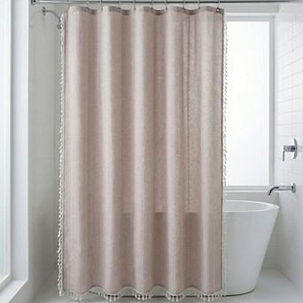Farmhouse Shower Curtain, Textured Striped Design Shower Curtain Sets with Tassels, 12 Plastic Hooks