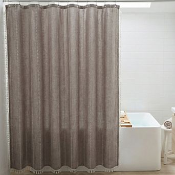 Farmhouse Shower Curtain, Textured Striped Design Shower Curtain Sets with Tassels, 12 Plastic Hooks