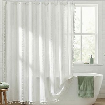 Farmhouse Shower Curtain, Textured Striped Design Shower Curtain Sets with Tassels, 12 Plastic Hooks