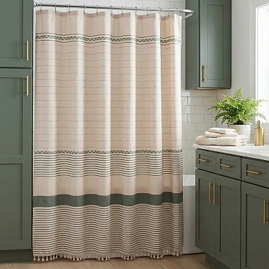 Boho Striped Shower Curtain, Farmhouse Tassel Bath Shower Curtain Sets with 12 Hooks