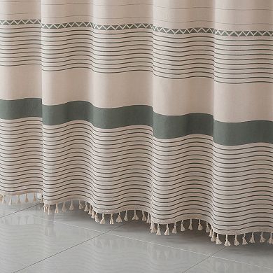 Boho Striped Shower Curtain, Farmhouse Tassel Bath Shower Curtain Sets with 12 Hooks