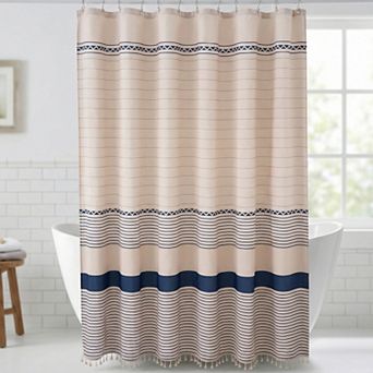 Boho Striped Shower Curtain, Farmhouse Tassel Bath Shower Curtain Sets with 12 Hooks