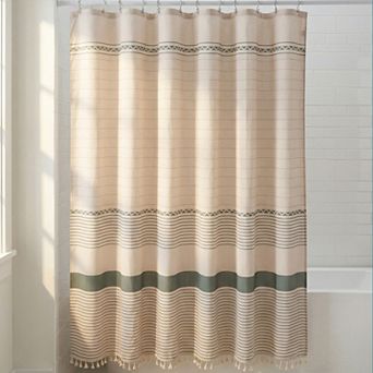 Boho Striped Shower Curtain, Farmhouse Tassel Bath Shower Curtain Sets with 12 Hooks