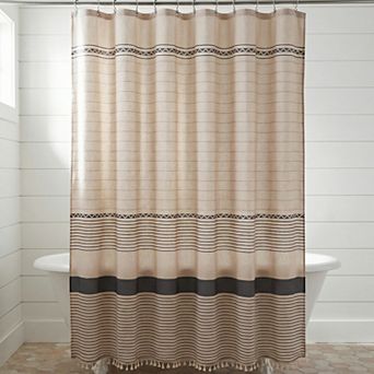 Boho Striped Shower Curtain, Farmhouse Tassel Bath Shower Curtain Sets with 12 Hooks