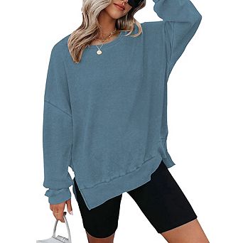 Women's Casual Relaxed Waffle Knit Hoodie Classic Crew Neck Long Sleeve Top with Side Slits