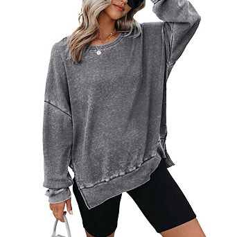Women's Casual Relaxed Waffle Knit Hoodie Classic Crew Neck Long Sleeve Top with Side Slits