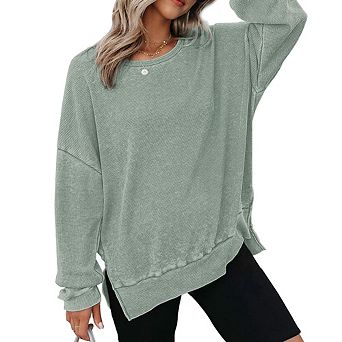 Women's Casual Relaxed Waffle Knit Hoodie Classic Crew Neck Long Sleeve Top with Side Slits