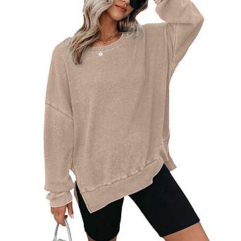 Women's Casual Relaxed Waffle Knit Hoodie Classic Crew Neck Long Sleeve Top with Side Slits