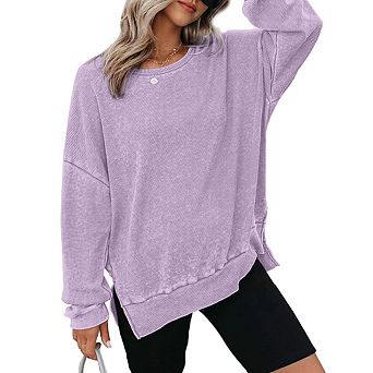 Women's Casual Relaxed Waffle Knit Hoodie Classic Crew Neck Long Sleeve Top with Side Slits