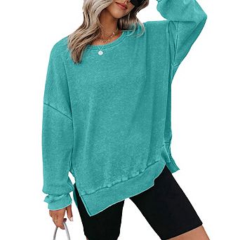 Women's Casual Relaxed Waffle Knit Hoodie Classic Crew Neck Long Sleeve Top with Side Slits