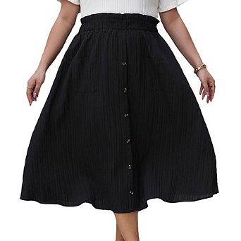 Women Plus Size Elegant Textured Midi Skirt Loose A-Line Swing Skirt with Front Buttons Pockets