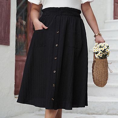 Women Plus Size Elegant Textured Midi Skirt Loose A-Line Swing Skirt with Front Buttons Pockets