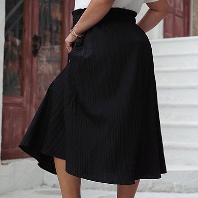 Women Plus Size Elegant Textured Midi Skirt Loose A-Line Swing Skirt with Front Buttons Pockets