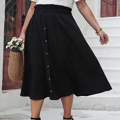 Women Plus Size Elegant Textured Midi Skirt Loose A-Line Swing Skirt with Front Buttons Pockets