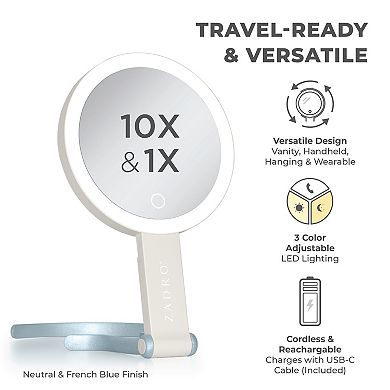 Multi-Position LED Lighted Traveling Hand Mirror with Magnifications 10X/1X - Adjustable Stand