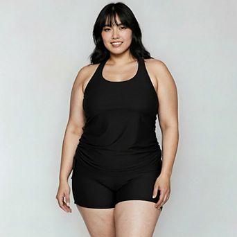 Women's Plus Size Maya Tankini Swim Top With Removable Cups and Black Swim Shorts Set