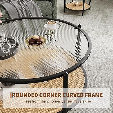Round 2-Tier Coffee Table with Frame - Tempered Glass Top for Living Room, Office & Small Spaces