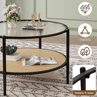Round 2-Tier Coffee Table with Frame - Tempered Glass Top for Living Room, Office & Small Spaces