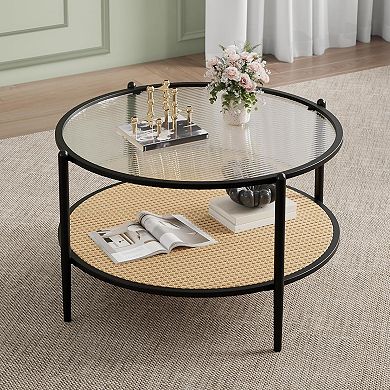 Round 2-Tier Coffee Table with Frame - Tempered Glass Top for Living Room, Office & Small Spaces