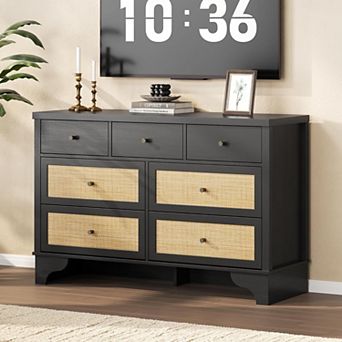 Dresser for Bedroom with 7 Drawers, 47.3'' Wide Wood Chest of Drawers with Natural Rattan Drawers