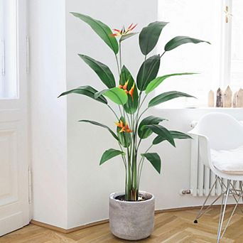 1 pc Artificial Bird of Paradise Tree, Fake Palm Tree with 14 Faux Leaves & 3 Flowers