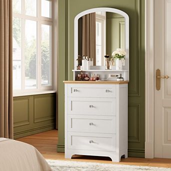 4-Drawer Vanity Dresser with Mirror, LED Lights & Charging Station for Makeup Room