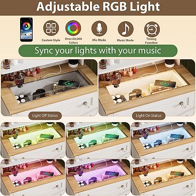 4-Drawer Vanity Dresser with Mirror, LED Lights & Charging Station for Makeup Room