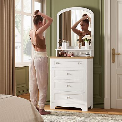 4-Drawer Vanity Dresser with Mirror, LED Lights & Charging Station for Makeup Room