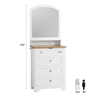 4-Drawer Vanity Dresser with Mirror, LED Lights & Charging Station for Makeup Room