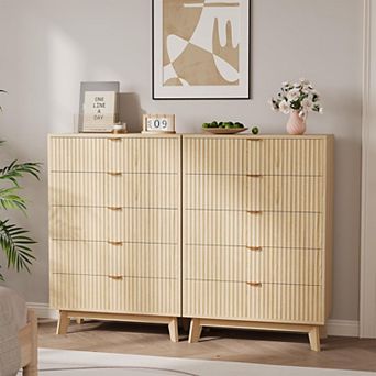 5 Drawer Dresser Set of 2, 32 in Tall Mid Century Modern Dresser Drawers, Waveform Fluted Side