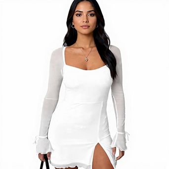 Long Sleeve Bodycon Mesh Mini Dress for Women