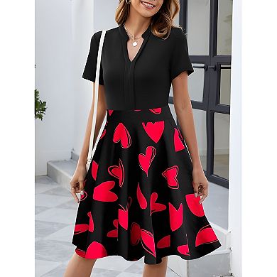 V Neck Short Sleeve Flared Dress for Women