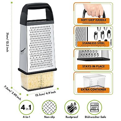 Stainless Steel Cheese Grater with Container, Dishwasher Safe, Zester & Shredder for Kitchen