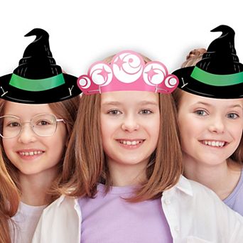 Big Dot of Happiness Paper Witch Hat and Pink Crown Headbands, Pink and Green Birthday Party 16 ct