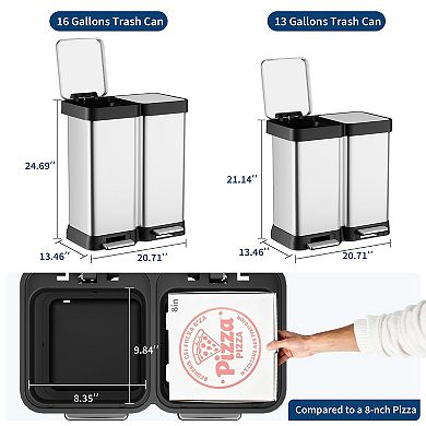 ANIXOL Dual Compartment 16 Gallon Stainless Steel Step Trash Can