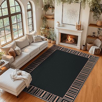 Contemporary Bordered Area Rug Machine Washable with Woven Texture Stain Resistant for Living Room