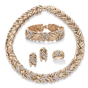 PalmBeach Jewelry Crystal Goldtone 4 pc Braided Necklace, Earring, Bracelet Set 18"