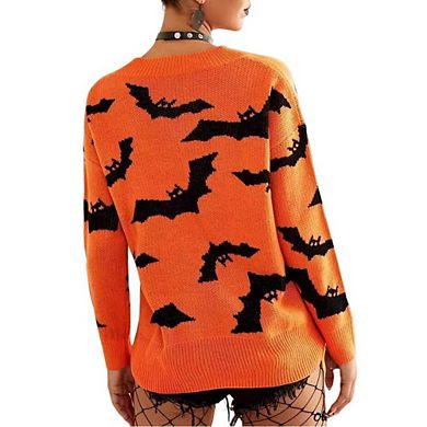 Womens Halloween Knit Sweater Bat Pattern Long Sleeve Crew Neck Loose Casual Pullover Sweaters