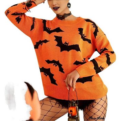 Womens Halloween Knit Sweater Bat Pattern Long Sleeve Crew Neck Loose Casual Pullover Sweaters