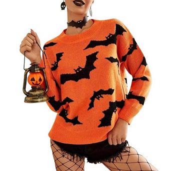 Womens Halloween Knit Sweater Bat Pattern Long Sleeve Crew Neck Loose Casual Pullover Sweaters