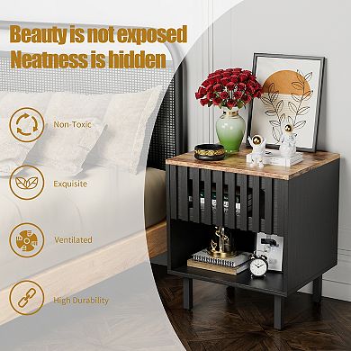 Storage Cabinet with Grille Striped Doors Nightstands Set of 2