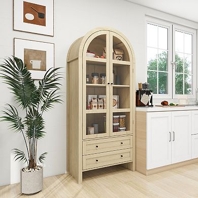 70" Tall Arched Pantry Cabinet with Adjustable Shelves for Kitchen or Living Room