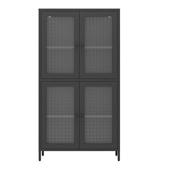 CEWOR Classic Storage Cabinet Display Cabinet, 4 Doors & 4 Adjustable Shelves, Waffle Grids Pattern