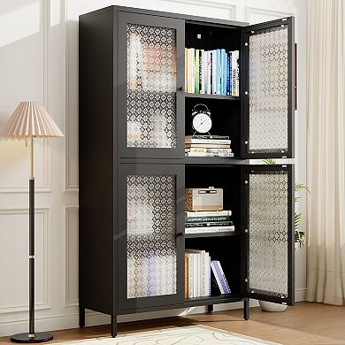 CEWOR Classic Storage Cabinet Display Cabinet, 4 Doors & 4 Adjustable Shelves, Waffle Grids Pattern