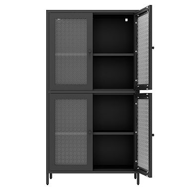 CEWOR Classic Storage Cabinet Display Cabinet, 4 Doors & 4 Adjustable Shelves, Waffle Grids Pattern